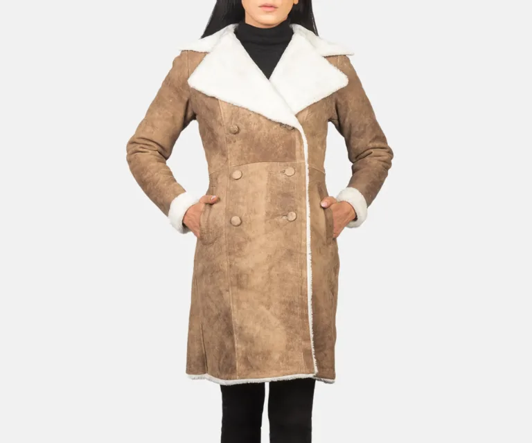 Amie Distressed Brown Double Breasted Shearling Coat Luxury Women's Outerwear — Collar & Closure Architecture