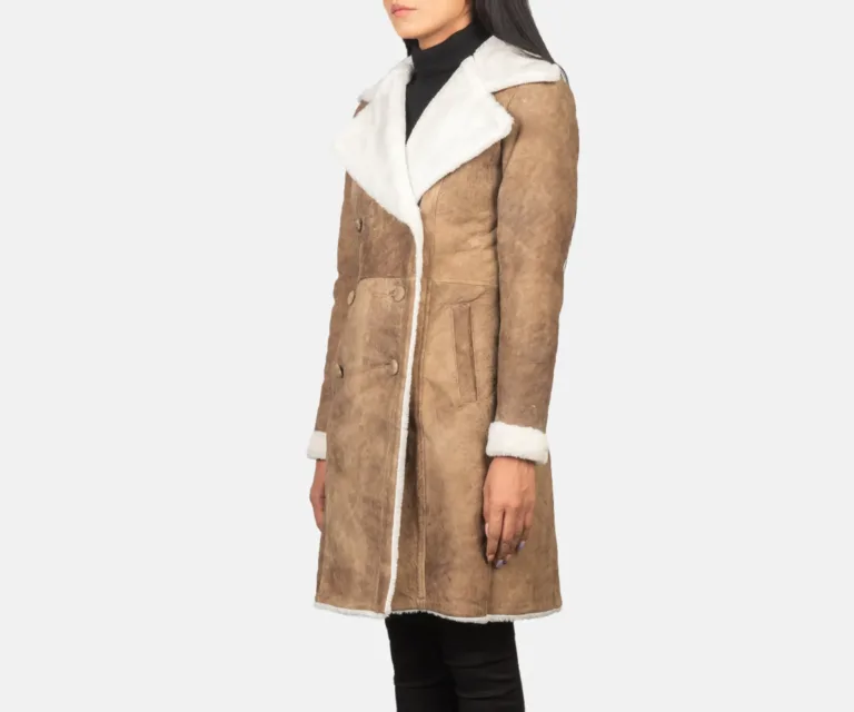 Amie Distressed Brown Double Breasted Shearling Coat Luxury Women's Outerwear — Rear Profile & Tailored Seaming