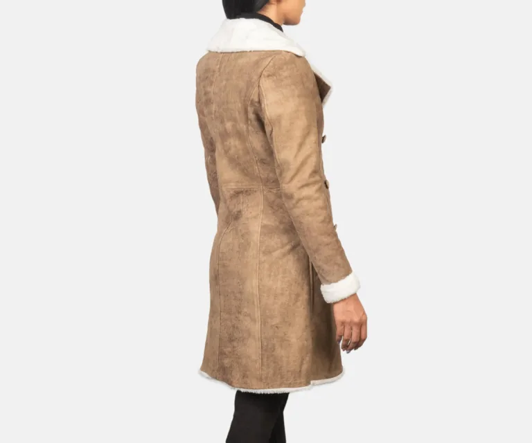 Amie Distressed Brown Double Breasted Shearling Coat Luxury Women's Outerwear — Macro Hardware & Leather Grain