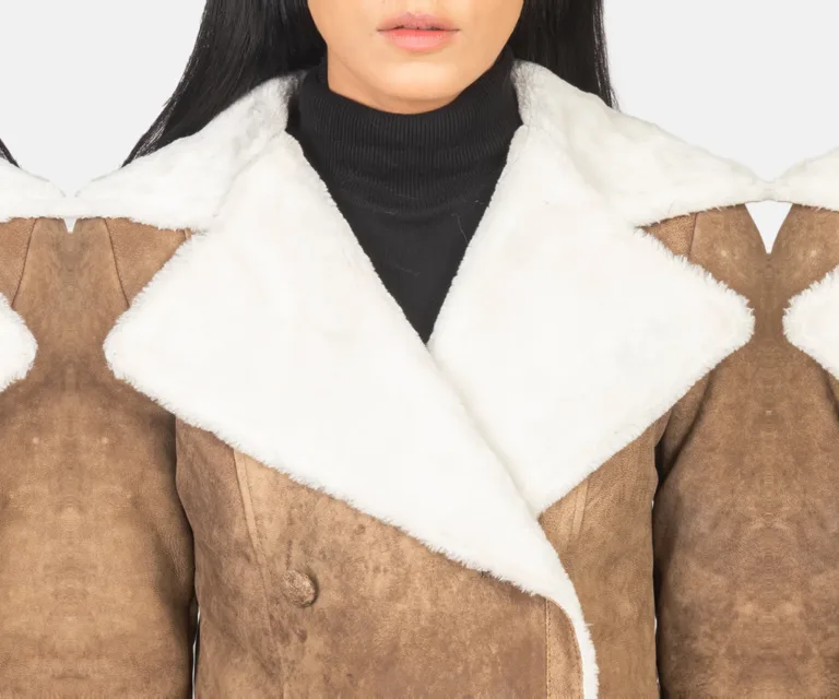 Amie Distressed Brown Double Breasted Shearling Coat Luxury Women's Outerwear — Full-Length Silhouette & Drape