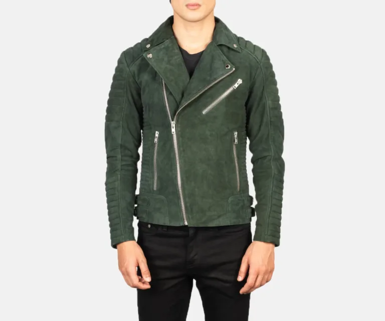 Armand Green Suede Biker Jacket — Front Open Hero Presentation