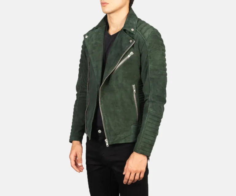 Armand Green Suede Biker Jacket — Quarter Angle Profile & Contoured Sleeve Detail