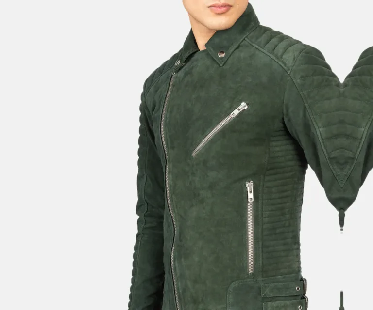 Armand Green Suede Biker Jacket — Full-Length Model Editorial Presentation