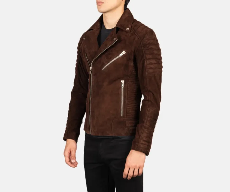 Armand Mocha Suede Biker Jacket — Quarter Angle Side Profile & Contoured Sleeve Detail