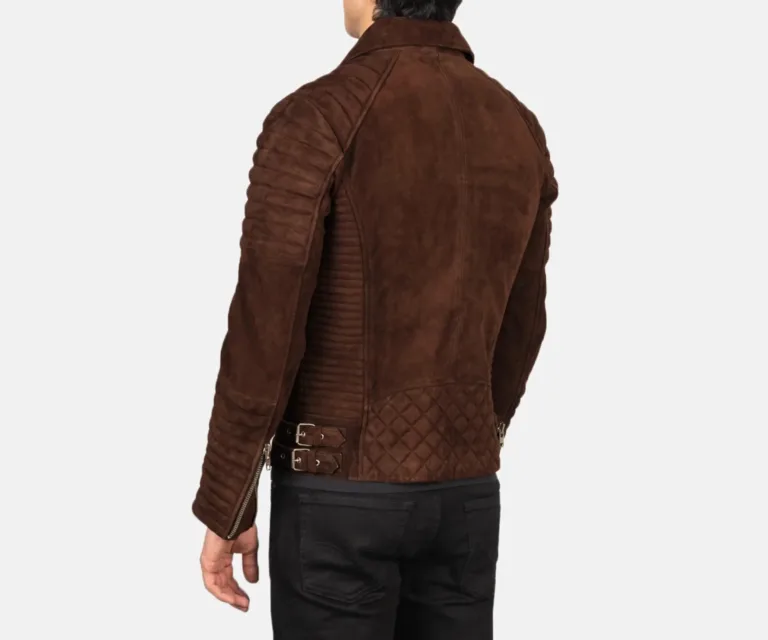 Armand Mocha Suede Biker Jacket — Macro Detail Hardware, Grain & Large Zippers