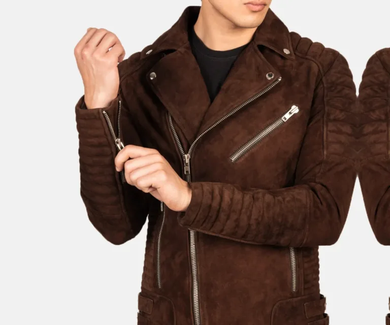 Armand Mocha Suede Biker Jacket — Editorial Full-Length Head-to-Toe Model Presentation