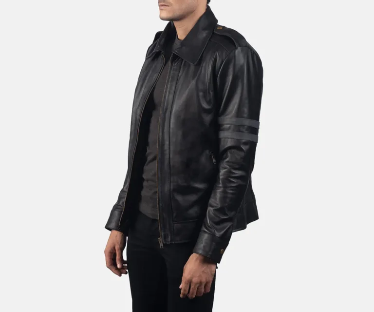 Armstrong Black Leather Biker Jacket — Quarter Angle Profile & Contoured Sleeve Detail