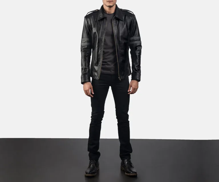 Armstrong Black Leather Biker Jacket — Front Zipped Placket & Collar Detail