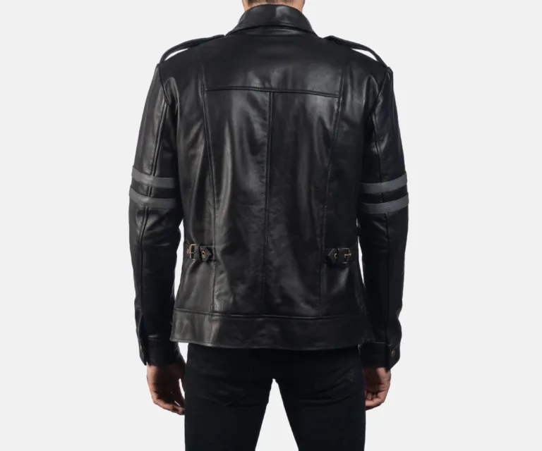 Armstrong Black Leather Biker Jacket — Macro Detail Texture, Stitching & Hardware
