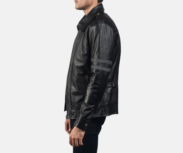 Armstrong Black Leather Biker Jacket — Full-Length Model Editorial Presentation