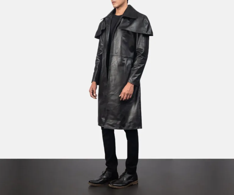 Classic Black Leather Duster — Three-Quarter Perspective