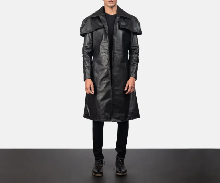 Classic Black Leather Duster — Macro Hardware & Seam Construction