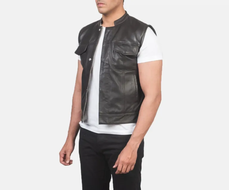 Atlas Moto Brown Leather Vest — Quarter Angle Profile & Armhole Detail