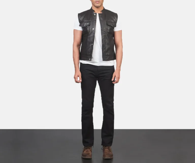 Atlas Moto Brown Leather Vest — Front Placket Closure & Collar Detail