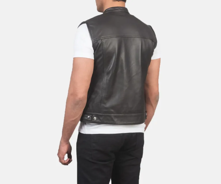 Atlas Moto Brown Leather Vest — Macro Detail Leather Grain, Stitching & Hardware