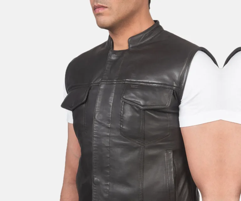 Atlas Moto Brown Leather Vest — Full-Length Model Editorial Presentation