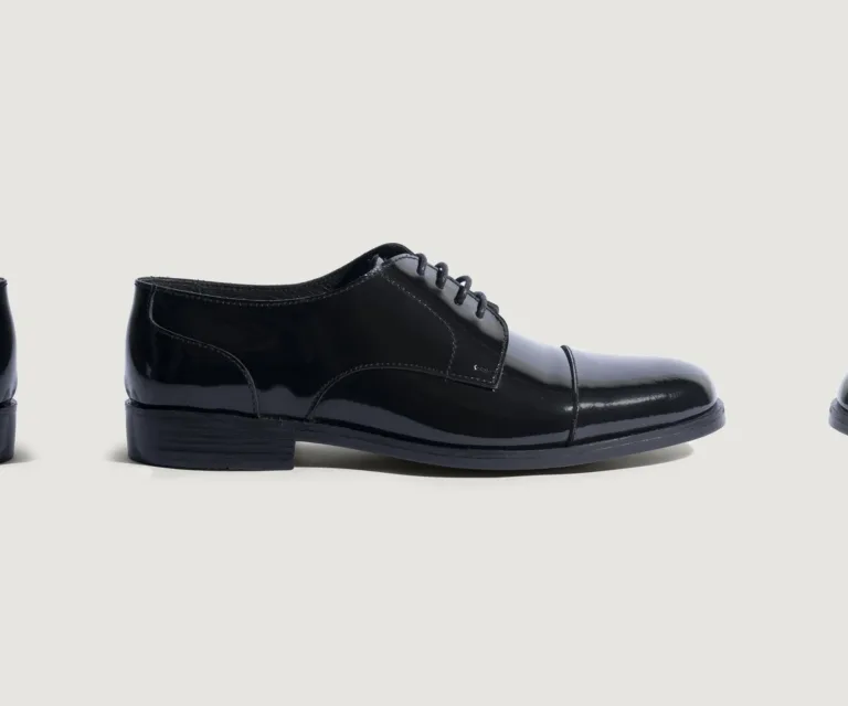 Attorney Derby Black Patent Leather Shoes Handcrafted Men's Footwear — Three-Quarter Perspective