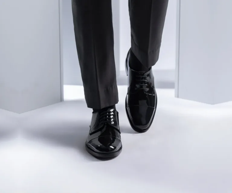 Attorney Derby Black Patent Leather Shoes Handcrafted Men's Footwear — Complete Pair Presentation