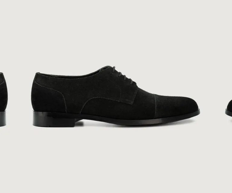 Attorney Derby Black Suede Leather Shoes Handcrafted Men's Footwear — Three-Quarter Perspective