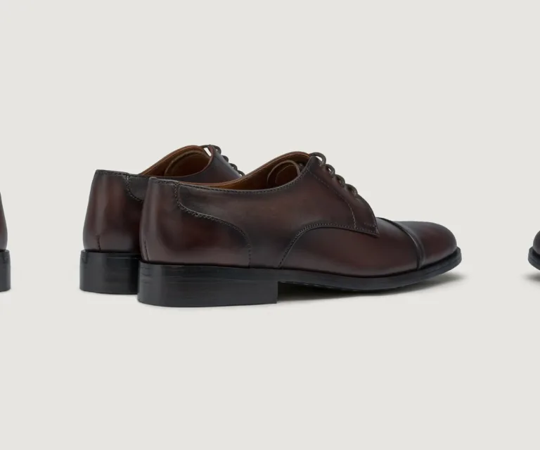 Attorney Derby Burnished Brown Leather Shoes Handcrafted Men's Footwear — Toe Cap & Vamp Detail