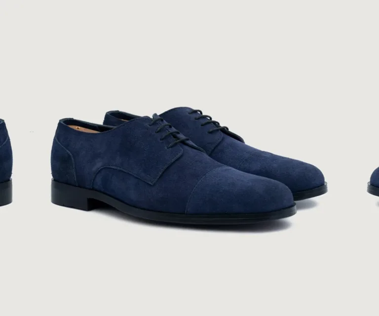Attorney Derby Midnight Blue Suede Leather Shoes Handcrafted Men's Footwear — Lateral Profile Hero View