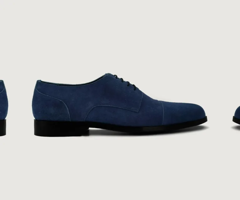 Attorney Derby Midnight Blue Suede Leather Shoes Handcrafted Men's Footwear — Three-Quarter Perspective