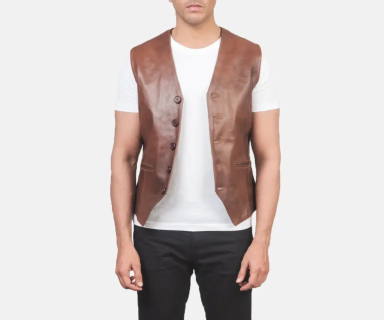 Auden Brown Leather Vest — Front Open Hero Presentation