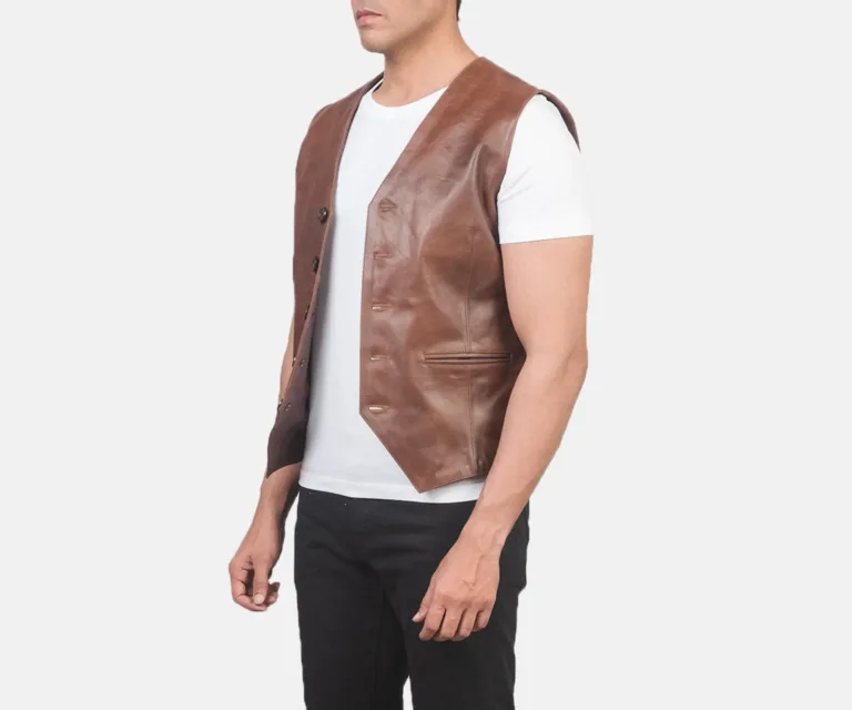 Auden Brown Leather Vest — Quarter Angle Profile & Armhole Detail