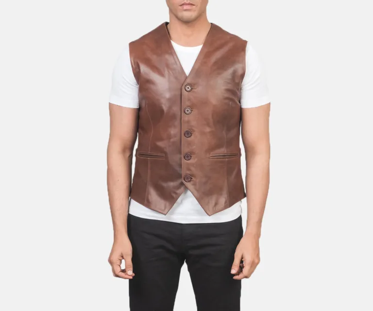 Auden Brown Leather Vest — Rear Back View & Clean Tailored Hemline