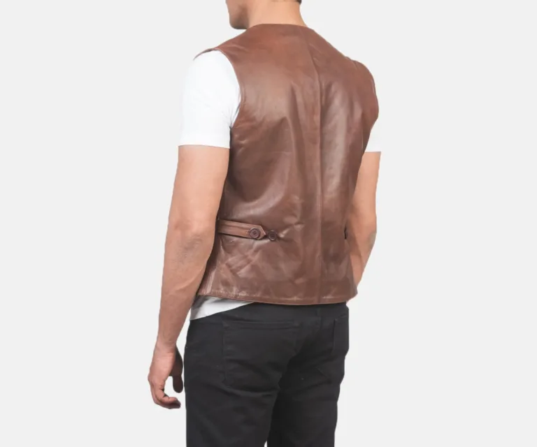 Auden Brown Leather Vest — Macro Detail Leather Grain, Stitching & Hardware