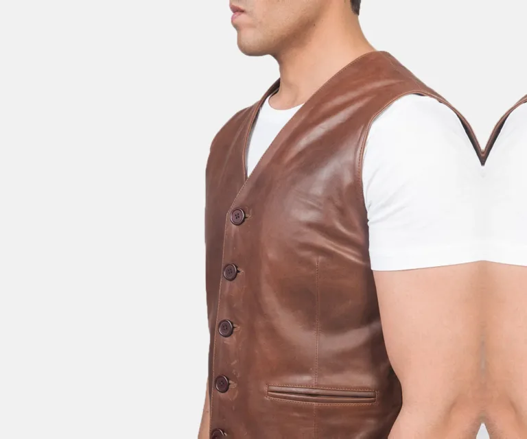 Auden Brown Leather Vest — Full-Length Model Editorial Presentation