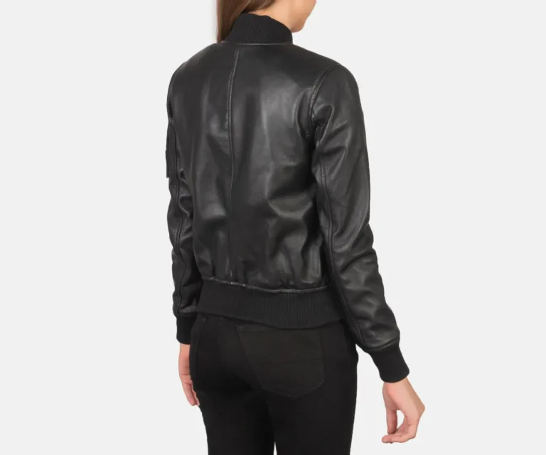 Ava Ma-1 Black Leather Bomber Jacket Luxury Women's Outerwear — Macro Hardware & Leather Grain
