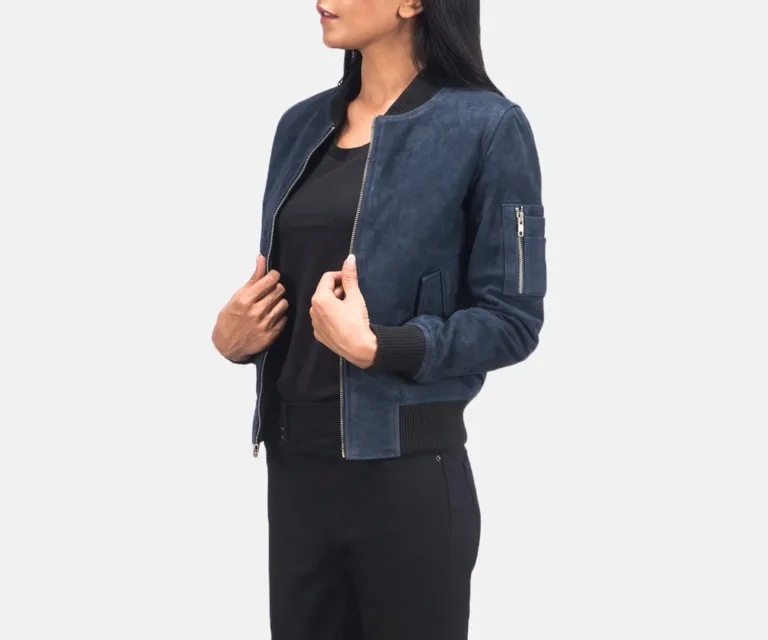 Ava Ma-1 Blue Suede Bomber Jacket Luxury Women's Outerwear — Three-Quarter Editorial Perspective