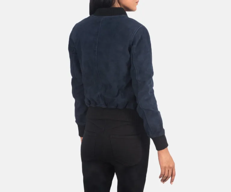 Ava Ma-1 Blue Suede Bomber Jacket Luxury Women's Outerwear — Macro Hardware & Leather Grain