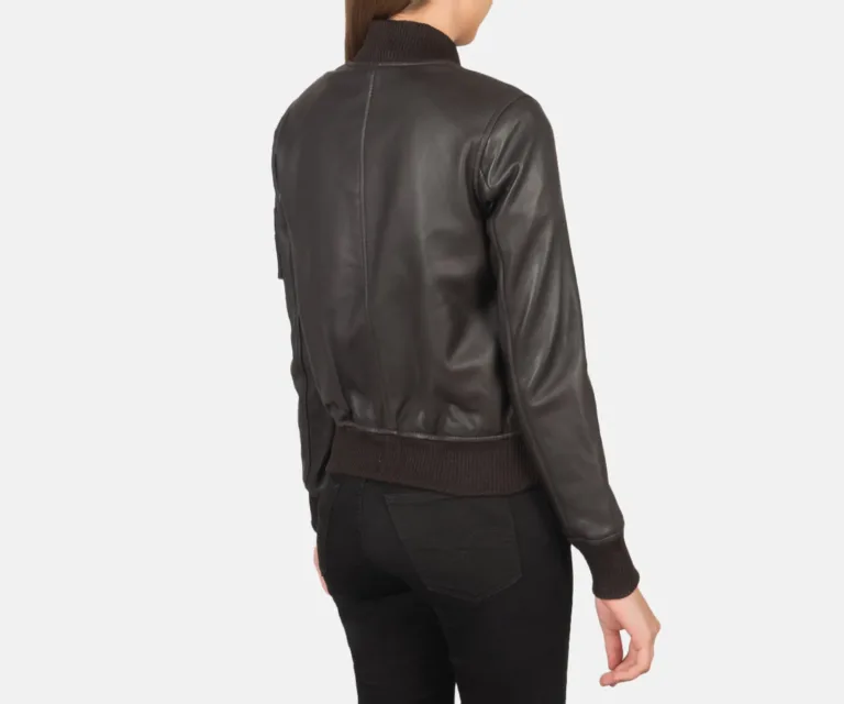 Ava Ma-1 Brown Leather Bomber Jacket Luxury Women's Outerwear — Macro Hardware & Leather Grain