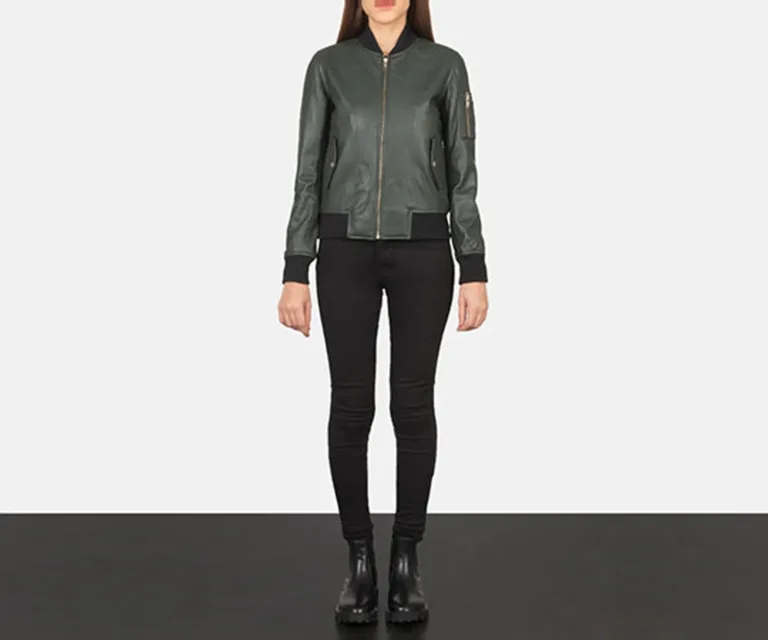 Ava Ma-1 Green Leather Bomber Jacket Luxury Women's Outerwear — Collar & Ribbed Trim Architecture