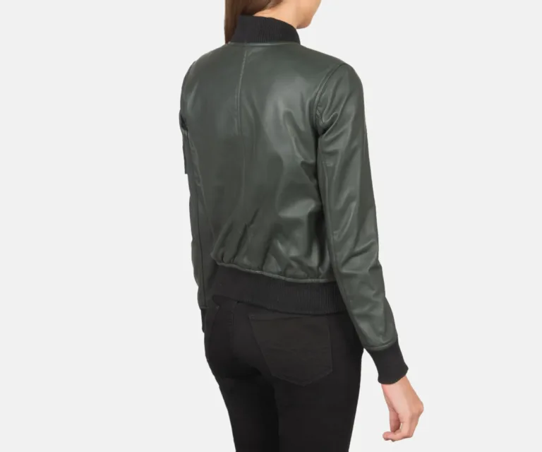 Ava Ma-1 Green Leather Bomber Jacket Luxury Women's Outerwear — Macro Hardware & Leather Grain