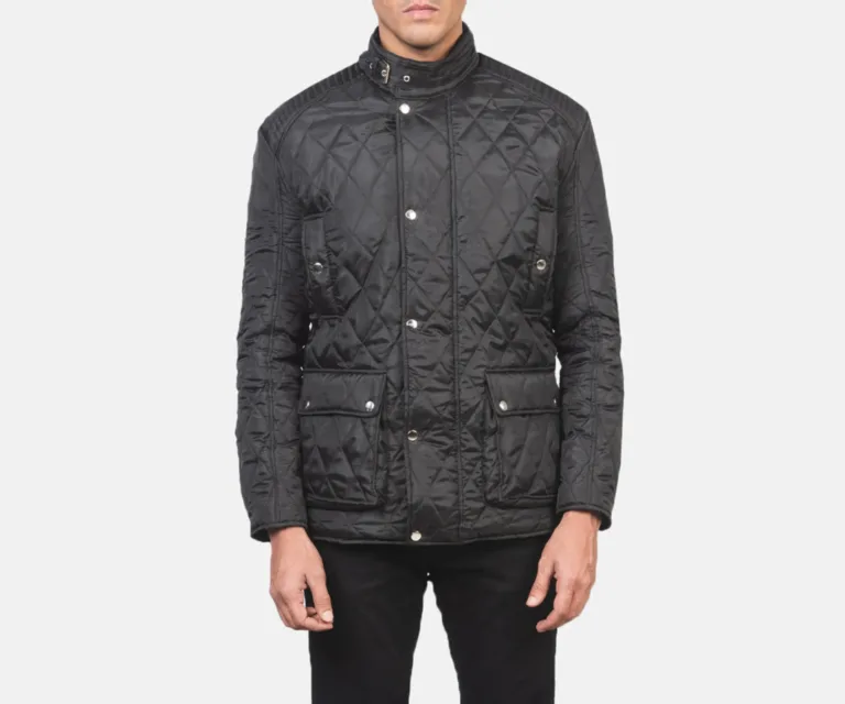 Barry Quilted Black Windbreaker Jacket — Front Collar & Placket Thermal Detail
