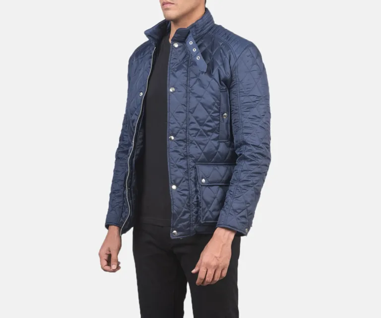 Barry Quilted Blue Windbreaker Jacket — Quarter Angle Profile & Contoured Sleeve Detail