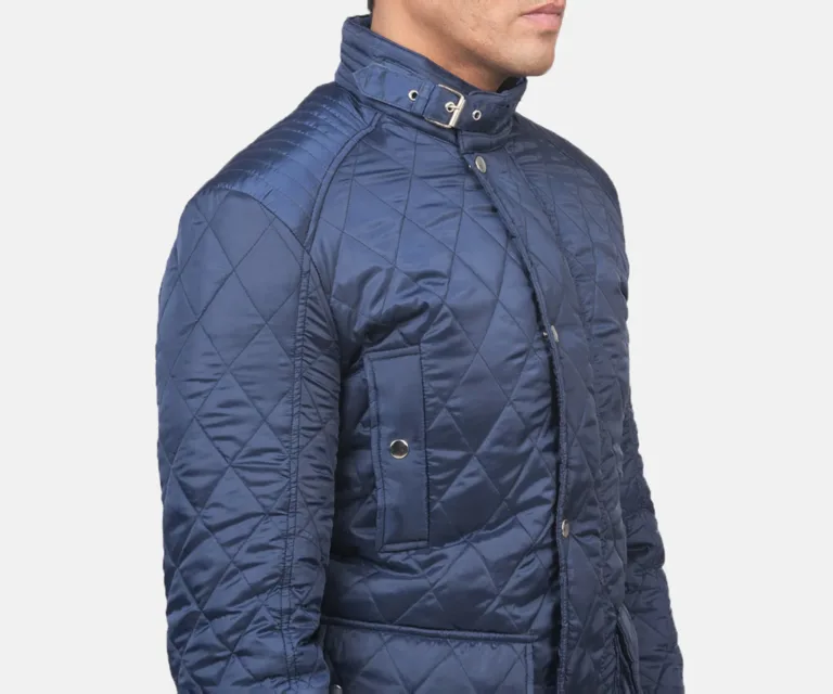 Barry Quilted Blue Windbreaker Jacket — Macro Detail Texture, Stitching & Hardware