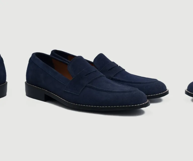 Baxton Blue Suede Leather Loafers Handcrafted Men's Footwear — Lateral Profile Hero View