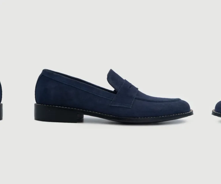 Baxton Blue Suede Leather Loafers Handcrafted Men's Footwear — Three-Quarter Perspective