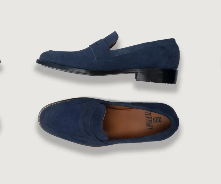 Baxton Blue Suede Leather Loafers Handcrafted Men's Footwear — Heel Counter & Rear View