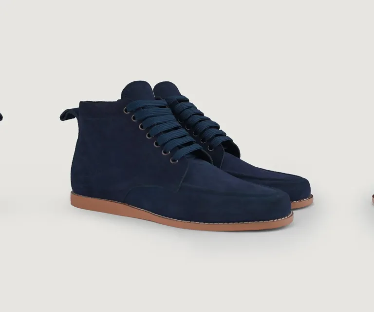 Bearman Moc Toe Blue Suede Boots Handcrafted Men's Footwear — Lateral Profile Hero View