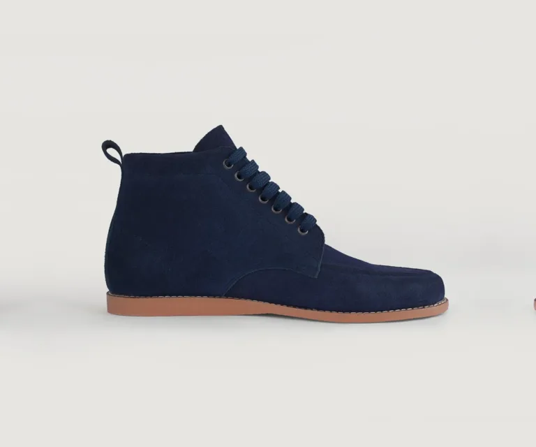 Bearman Moc Toe Blue Suede Boots Handcrafted Men's Footwear — Three-Quarter Perspective