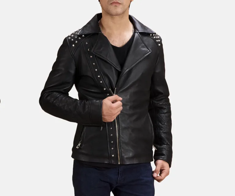 Black Studded Leather Biker Jacket — Front Open Hero Presentation