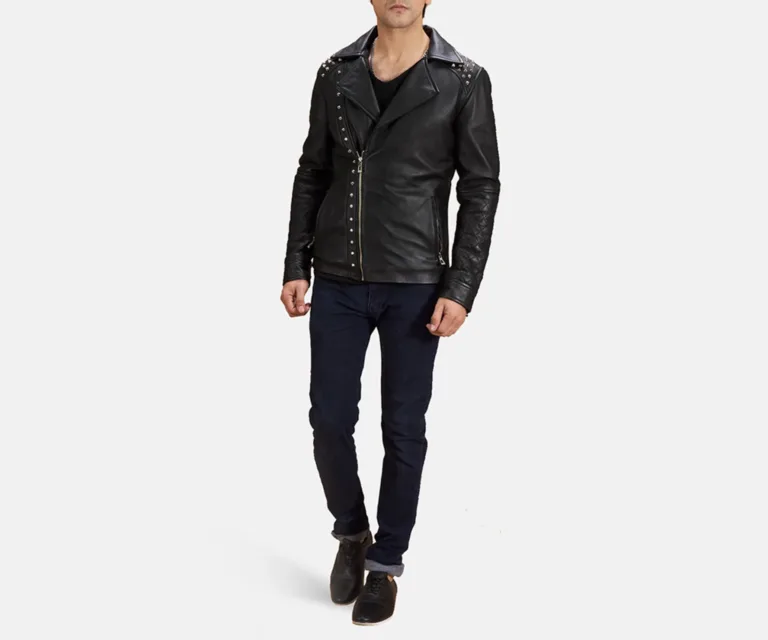 Black Studded Leather Biker Jacket — Front Zipped Placket & Collar Detail
