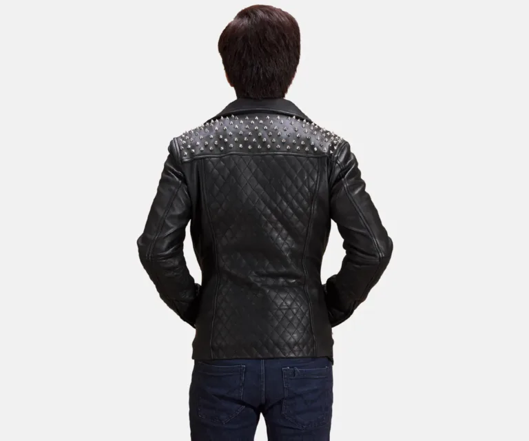 Black Studded Leather Biker Jacket — Rear Back View & Clean Hemline