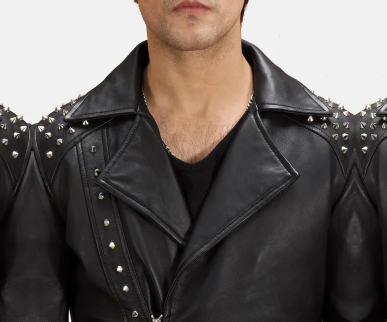 Black Studded Leather Biker Jacket — Macro Detail Texture, Stitching & Hardware