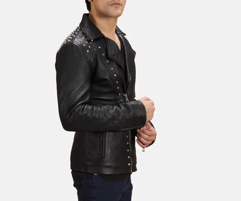 Black Studded Leather Biker Jacket — Full-Length Model Editorial Presentation
